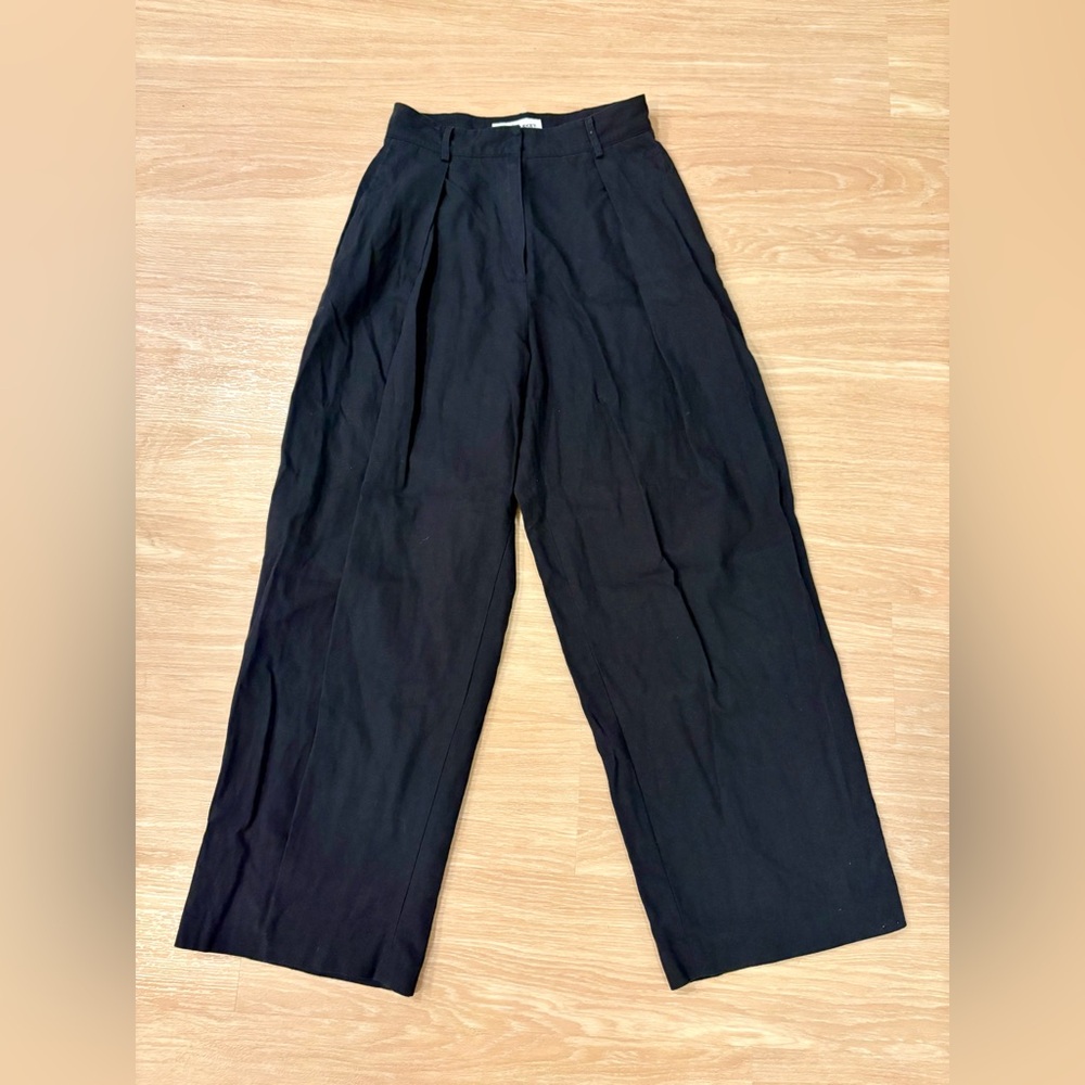 Pixie Market 100% Linen Wide Leg Trousers High Waisted Black Size S Minimalist